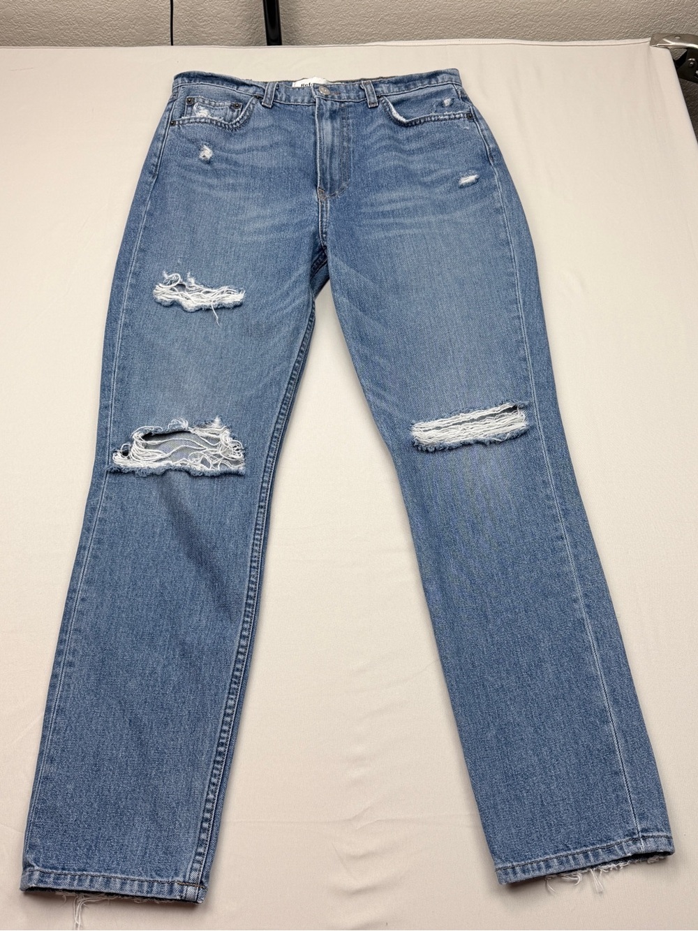 Reformation Distressed Light Blue Straight Leg Jeans, high cigarette